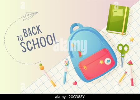 Zurück zur Schule. Vorlage, Posterbanner. Cartoon-Rucksack und Schulutensilien, Stifte. Vekktor Stock Vektor