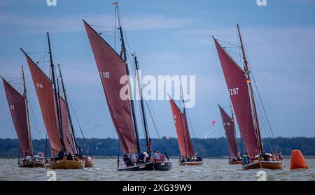 Wustrow, Deutschland. Juli 2024. Zeesboats, bis zu 12 Meter lange, stabile Schwertboote aus der Zeit des Segelfischens mit den typischen braunen Segeln, fahren an der 38. Wustrower Zeesbootregatta auf dem Saaler Bodden zwischen dem Festland und der Halbinsel Fischland-Darss-Zingt. Die Regatta findet in drei Bootsklassen bei starkem Wind und Wellen statt. Quelle: Jens Büttner/dpa/Alamy Live News Stockfoto