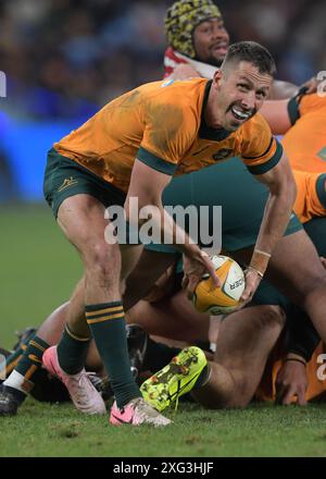 Sydney, Australien. Juli 2024. Jake Gordon vom australischen Rugbyteam der Männer wird während des Spiels der Männer Rugby International zwischen Australien und Wales im Allianz Stadium in Aktion gesehen. Endpunktzahl; Australien 25:16 Wales. Quelle: SOPA Images Limited/Alamy Live News Stockfoto