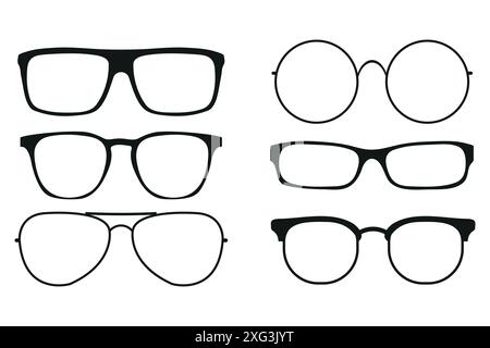Brillenform. Sonnenbrille Hipster-Rahmenset, modische schwarze Kunststofffelgen, runde Retro-Nerd-Brille im Geek-Stil. Stock Vektor