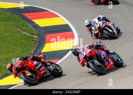 Hermsdorf, Deutschland. Juli 2024. Hermsdorf: Moto GP Sachsenring 2024 am 6. Juli 2024, (Foto: Jürgen Tap) 1 Francesco Bagnaia (ITA), Ducati, Ducati Lenovo Team?89 Jorge Martin (ESP), Ducati, Prima Pramac Racing Credit: dpa/Alamy Live News Stockfoto