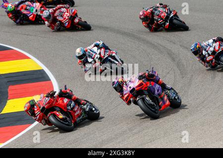 Hermsdorf, Deutschland. Juli 2024. Hermsdorf: Moto GP Sachsenring 2024 am 6. Juli 2024, (Foto: Jürgen Tap) 1 Francesco Bagnaia (ITA), Ducati, Ducati Lenovo Team?89 Jorge Martin (ESP), Ducati, Prima Pramac Racing Credit: dpa/Alamy Live News Stockfoto