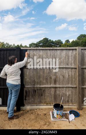 Frau, die Gartenzaun anmalt. Stockfoto