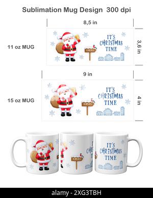 Lustiger Weihnachtsmann mit Glocke. Sublimationsschablonen für Becher mit 11 oz und 15 oz Stockfoto