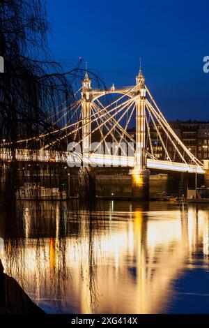 Großbritannien, England, London, Battersea, Albert Bridge bei Nacht über die Themse mit Bäumen Stockfoto