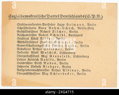 Stimmzettel/ Wahlzettel der Reichstagswahl 1920 - die Reichstagswahl vom 6. Juni 1920 war die zweite Wahl während der Weimarer Republik und die erste zu einem regulären Deutschen Reichstag. Die Bundestagswahl 1920 fand am 6. Juni 1920 zur Wahl des ersten Reichstags der Weimarer Republik statt. Sie folgte der im Januar 1919 gewählten Weimarer Nationalversammlung, die die republikanische Verfassung ausgearbeitet und ratifiziert hatte. Stockfoto