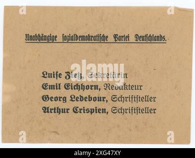 Stimmzettel/ Wahlzettel der Reichstagswahl 1920 - die Reichstagswahl vom 6. Juni 1920 war die zweite Wahl während der Weimarer Republik und die erste zu einem regulären Deutschen Reichstag. Die Bundestagswahl 1920 fand am 6. Juni 1920 zur Wahl des ersten Reichstags der Weimarer Republik statt. Sie folgte der im Januar 1919 gewählten Weimarer Nationalversammlung, die die republikanische Verfassung ausgearbeitet und ratifiziert hatte. Stockfoto
