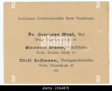 Stimmzettel/ Wahlzettel der Reichstagswahl 1920 - die Reichstagswahl vom 6. Juni 1920 war die zweite Wahl während der Weimarer Republik und die erste zu einem regulären Deutschen Reichstag. Die Bundestagswahl 1920 fand am 6. Juni 1920 zur Wahl des ersten Reichstags der Weimarer Republik statt. Sie folgte der im Januar 1919 gewählten Weimarer Nationalversammlung, die die republikanische Verfassung ausgearbeitet und ratifiziert hatte. Stockfoto