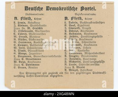 Stimmzettel/ Wahlzettel der Reichstagswahl 1920 - die Reichstagswahl vom 6. Juni 1920 war die zweite Wahl während der Weimarer Republik und die erste zu einem regulären Deutschen Reichstag. Die Bundestagswahl 1920 fand am 6. Juni 1920 zur Wahl des ersten Reichstags der Weimarer Republik statt. Sie folgte der im Januar 1919 gewählten Weimarer Nationalversammlung, die die republikanische Verfassung ausgearbeitet und ratifiziert hatte. Stockfoto