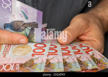 Neuseeland-Geld, Mann zählt Neuseeland-Dollar, Nahaufnahme der Hände mit Banknoten Stockfoto