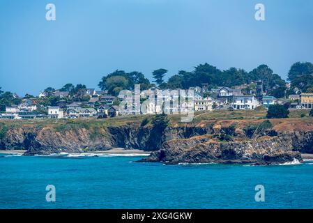 Blick auf die Innenstadt von Mendocino, Kalifornien. Stockfoto