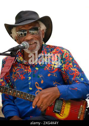 Der US-amerikanische Blues-Sänger und Musiker Mac Arnold tritt auf einem Musikfestival im Carl Sandburg Home Historic Site in Flat Rock, North Carolina, auf. Stockfoto