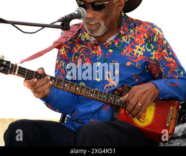 Der US-amerikanische Blues-Sänger und Musiker Mac Arnold tritt auf einem Musikfestival im Carl Sandburg Home Historic Site in Flat Rock, North Carolina, auf. Stockfoto
