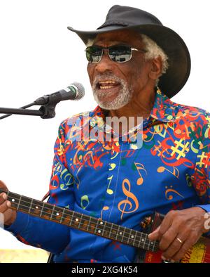 Der US-amerikanische Blues-Sänger und Musiker Mac Arnold tritt auf einem Musikfestival im Carl Sandburg Home Historic Site in Flat Rock, North Carolina, auf. Stockfoto