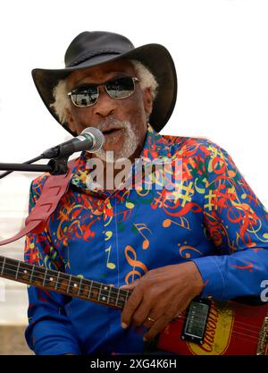 Der US-amerikanische Blues-Sänger und Musiker Mac Arnold tritt auf einem Musikfestival im Carl Sandburg Home Historic Site in Flat Rock, North Carolina, auf. Stockfoto