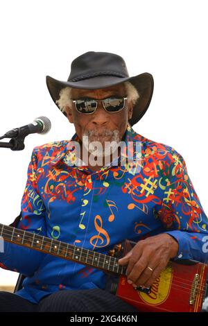Der US-amerikanische Blues-Sänger und Musiker Mac Arnold tritt auf einem Musikfestival im Carl Sandburg Home Historic Site in Flat Rock, North Carolina, auf. Stockfoto