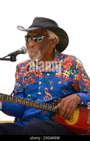 Der US-amerikanische Blues-Sänger und Musiker Mac Arnold tritt auf einem Musikfestival im Carl Sandburg Home Historic Site in Flat Rock, North Carolina, auf. Stockfoto