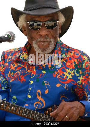 Der US-amerikanische Blues-Sänger und Musiker Mac Arnold tritt auf einem Musikfestival im Carl Sandburg Home Historic Site in Flat Rock, North Carolina, auf. Stockfoto
