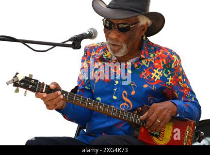 Der US-amerikanische Blues-Sänger und Musiker Mac Arnold tritt auf einem Musikfestival im Carl Sandburg Home Historic Site in Flat Rock, North Carolina, auf. Stockfoto