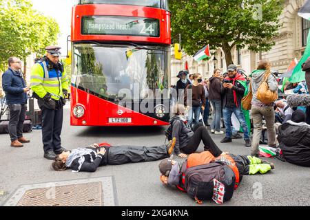 London, Großbritannien. JUNI 2024. Demonstranten lagen vor einem roten Londoner Bus, als Demonstranten vor den Toren der Downing Street einen Todesfall inszenierten. Die Polizei war sofort in Aktion, als eine große Anzahl von Einheiten eintraf, die verbliebenen Demonstranten verhaftet und in Richtung victoria-Damm zurückgebracht wurden. Credit Milo Chandler/Alamy Live News Stockfoto