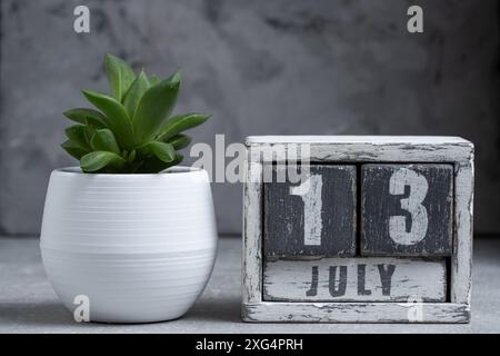 Holzwürfelkalender mit Datum 13. Juli und Pflanze auf grauem Hintergrund Stockfoto