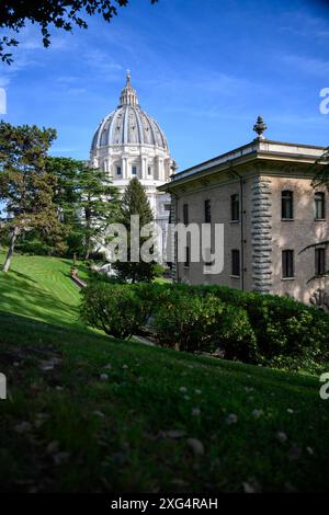 Die Kuppel des Petersdoms aus Sicht der Vatikanischen Gärten. Stockfoto