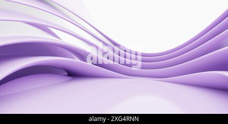 3D-Rendering eines glatten, abstrakten Hintergrunds mit mehreren gekrümmten Linien in einem hellen Lavendelviolett. Die Linien sind wellenförmig angeordnet Stockfoto