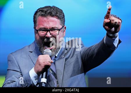 Balneario Camboriu, Brasilien. Juli 2024. Marcos Pollon, Bundesabgeordneter für den Bundesstaat Mato Grosso do Sul, spricht während des CPAC Brazil 2024 auf dem Expocentro in Balneario Camboriu, Brasilien am 07. Juli. Foto: Heuler Andrey/DiaEsportivo/Alamy Live News Credit: DiaEsportivo/Alamy Live News Stockfoto