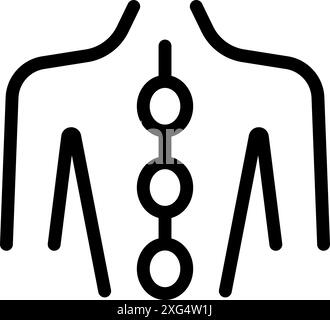 Einfache schwarz-weiße Strichgrafik-Ikone eines menschlichen Körpers, die drei Hauptchakren zeigt, die sich an der Wirbelsäule ausrichten Stock Vektor