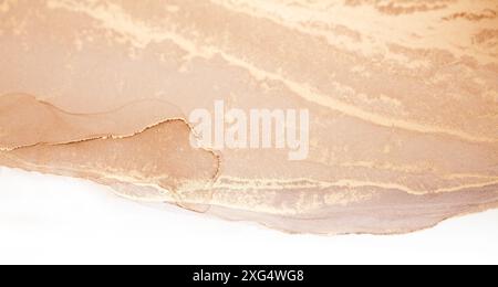 Eine Nahaufnahme eines glatten, beigefarbenen abstrakten Kunstwerks mit weißem Hintergrund. Das Gemälde zeichnet sich durch weiche, fließende Linien und eine subtile Textur aus Stockfoto