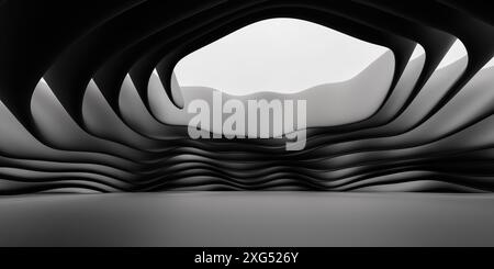 Abstraktes Schwarz-weiß-Innendesign mit gewellten Formen, 3D-Darstellung Stockfoto
