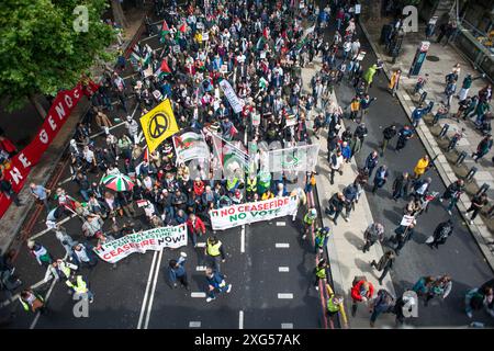 London, Großbritannien. Juli 2024. Pro-palästinensische Unterstützer bei der Demonstration National March for Palestine in London, die die Regierung dazu auffordern, den Völkermord zu beenden, Israel zu bewaffnen und Gerechtigkeit für Palästina zu fordern. Stockfoto