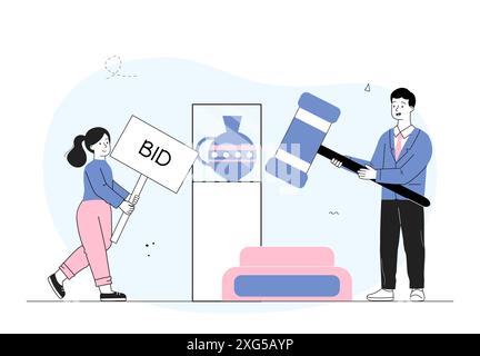 Personen mit Auktion. Der Mensch verkauft Keramikvasen und Kunstgegenstände. Finanztransaktionen und Geschäfte im Internet. NFT-Handel. Nicht fungibles Token und Stock Vektor