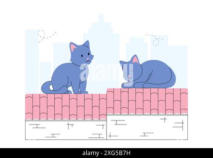 Katzen auf Dächern. Niedliche graue Kätzchen, die auf dem Dach des Hauses liegen. Niedliche Haustiere und Haustiere. Romantische und süße Szene mit Haustieren. Linear Stock Vektor