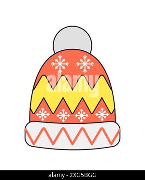 Niedliches Konzept für Wintermütze. Warme rote Kappe aus Wolle. Mode, Trend und Style. Kleidung für kaltes Wetter. Winterbekleidung. Linearer flacher Vektor Stock Vektor