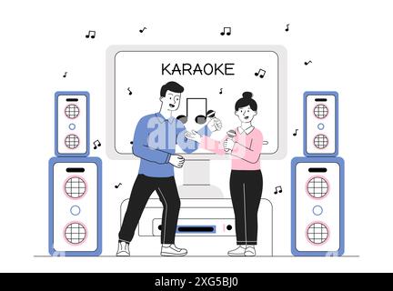 Leute im Karaoke. Mann und Frau mit Mikrofonen singen ein Lied. Freunde, die Zeit miteinander verbringen. Kulturelle Erholung und Unterhaltung. Linearer Vektor Stock Vektor