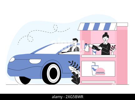 Bestellung vom Auto. Ein Mann im Auto bestellt Fast Food im Café. Catering für Fahrer. Essen mitnehmen. Fahrer kaufen Burger mit Limonade. Linearer Vektor Stock Vektor