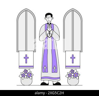 Priester in der Kirche. Ein Mann im Gewand steht im Gebäude. Religiöse und Traditionen. Christentum und Katholizismus. Der Typ im zeremoniellen Seil. Linear flach Stock Vektor