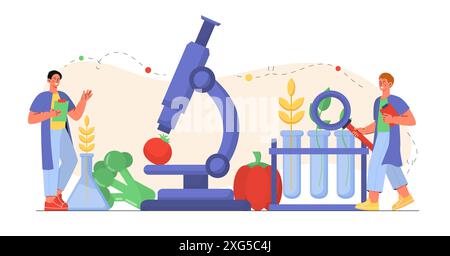 Untersuchungen über Gemüse. Männer mit Mikroskop und Lupe untersuchen Gemüse. Analyse von Tomaten und Brokkoli. Mikrobiologie und Biotechnologie Stock Vektor
