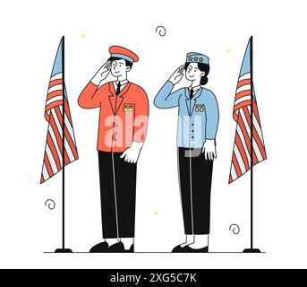 Soldat Veterans Konzept. Mann und Frau in Uniform-Gruß. Patriotischer Urlaub. Soldaten in der Nähe amerikanischer Flaggen. Nationaler Beamter. Linearer flacher Vektor Stock Vektor