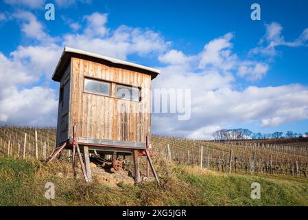 Holzjäger hohen Sitz verstecken sich auf dem Feld mit bewölktem dramatischen Himmel Hintergrund Stockfoto