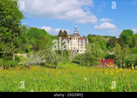 Zittauer Gebirge, Hainewalde Schloss im Fruehling mit bluehenden Apfelbäumen, Zittauer Berge, das Hainewalde Schloss im Frühjahr mit Apfelbäumen in Stockfoto