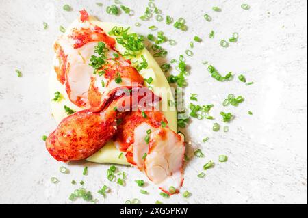 Auf einem Teller werden Stücke gekochtes, geschnittenes Hummer-Fleisch serviert. Hochwertige Fotos Stockfoto