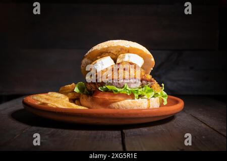 Hochwertiger Rindfleisch-Burger mit Ziegenkäse, karamellisierten Zwiebeln in einem rustikalen Brötchen mit pommes frites auf der Seite. Lecker Burger auf einem rustikalen Teller serviert Stockfoto