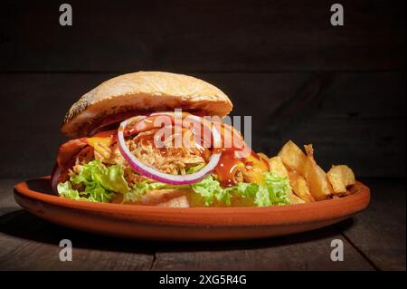 Pulled Pork Burger mit Salat, Käse, Zwiebeln und Barbecue Sauce, serviert auf einem rustikalen Teller auf Holztisch. Hochwertige Fotografie Stockfoto