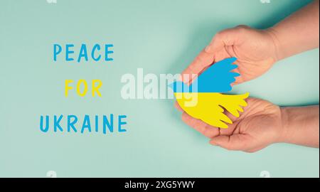 Hände mit Taube in den Farben der ukrainischen Flagge, Krieg mit Russland, Frieden für die Ukraine Stockfoto