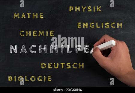 Das Wort für Privatunterricht steht in deutscher Sprache auf einer Tafel, Hilfe für Studenten in Mathematik, Physik, Chemie, englisch und Biologie Stockfoto