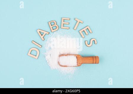 Schaufel mit weißem raffiniertem Zucker, gesundheitliche Probleme durch Diabetes, Insulin resistent, ungesunde Lebensmittel, sucht nach Süßigkeiten Stockfoto