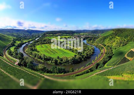 Wiltinger Saarbogen. Der Fluss schlängelt sich durch das Tal und ist von Weinbergen und grünen Wäldern umgeben. Kanzem, Rheinland-Pfalz, Deutschland Stockfoto