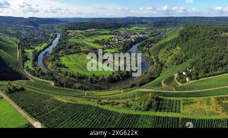 Wiltinger Saarbogen. Der Fluss schlängelt sich durch das Tal und ist von Weinbergen und grünen Wäldern umgeben. Kanzem, Rheinland-Pfalz, Deutschland Stockfoto